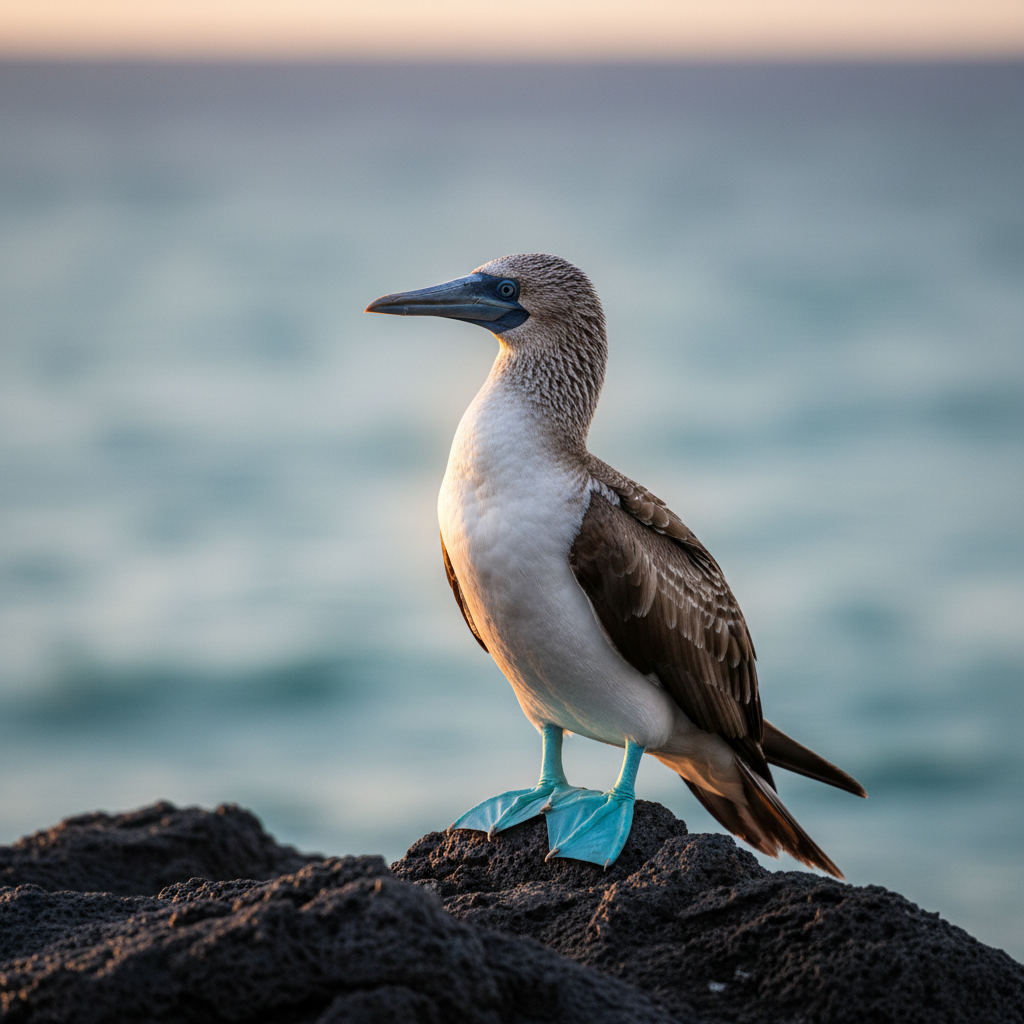 Blue-footed booby standing on volcanic rock at golden hour, Galapagos