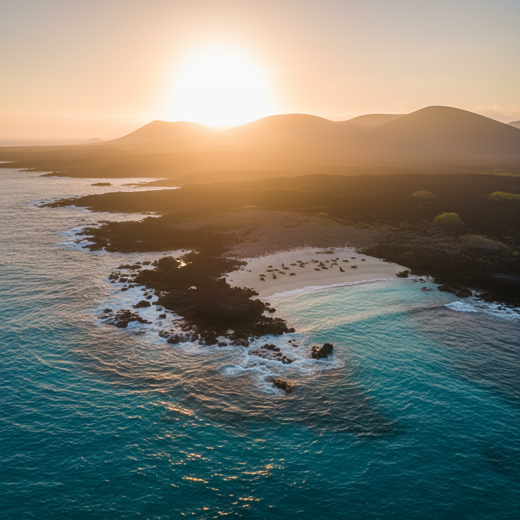 Aerial view of a Galapagos coastline with sea lions at golden hour