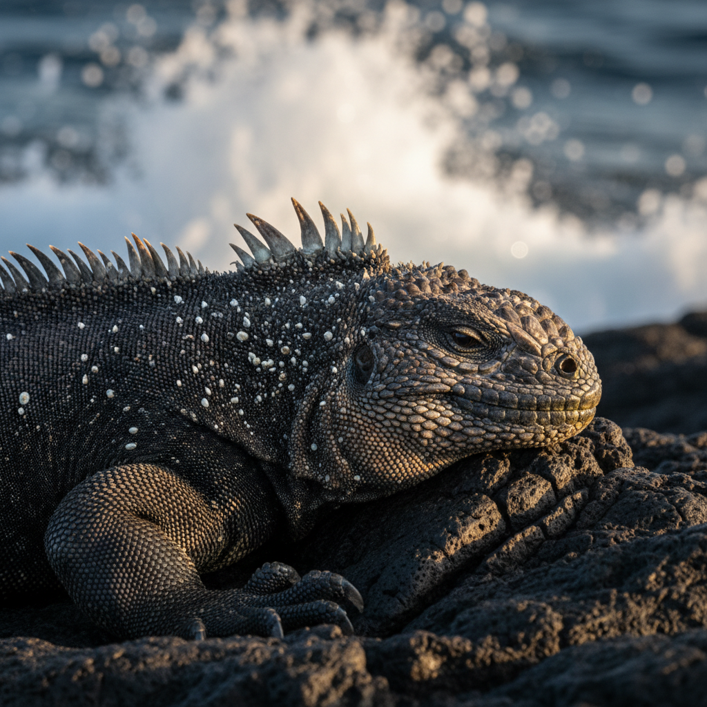 Marine iguana resting on black lava rock with ocean spray behind, Galapagos