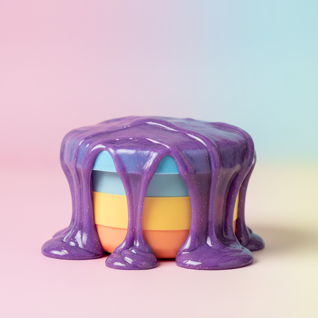 Tub of glossy grape purple slime overflowing the rim