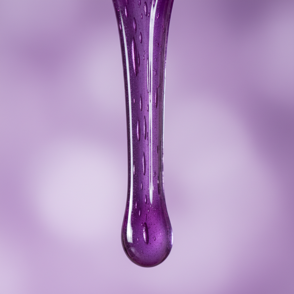 Purple slime stretched into a long glossy dripping strand