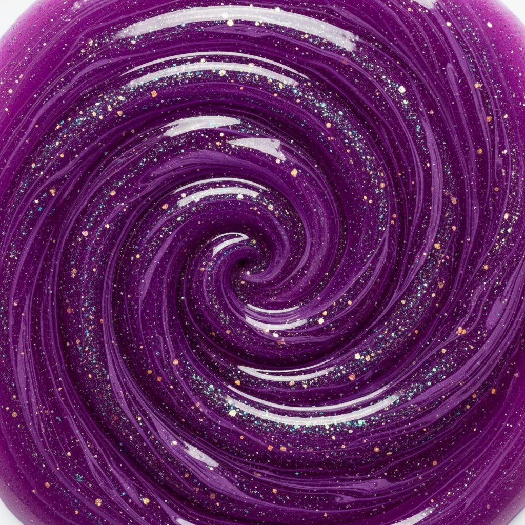 Top down swirl of marbled grape purple glitter slime
