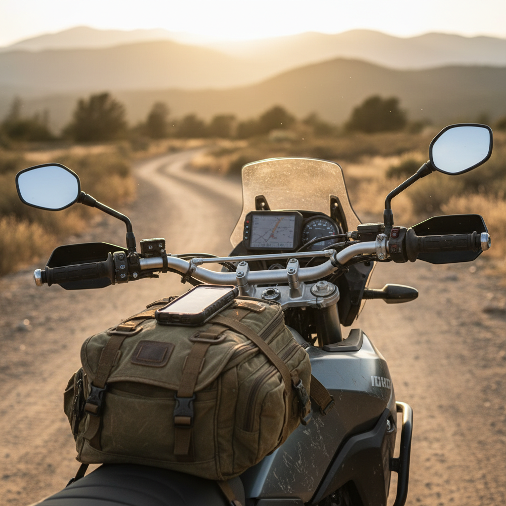 Adventure motorcycle cockpit with tank bag and rally handlebars