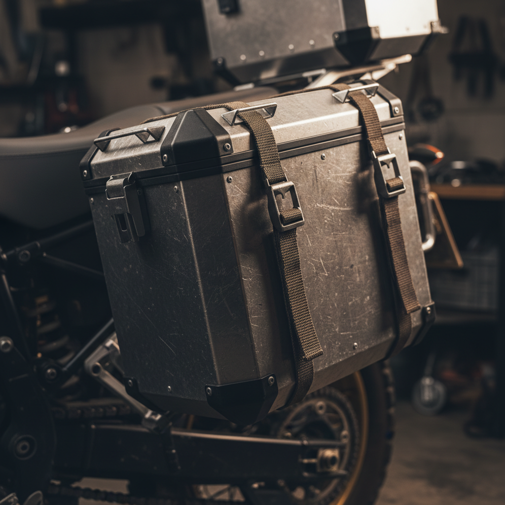 Rugged aluminium motorcycle panniers mounted on an adventure bike