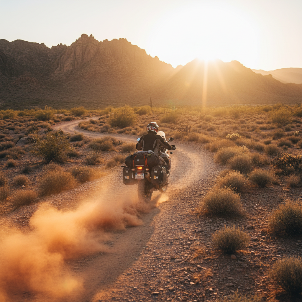 Loaded adventure motorcycle riding away on a dusty desert trail