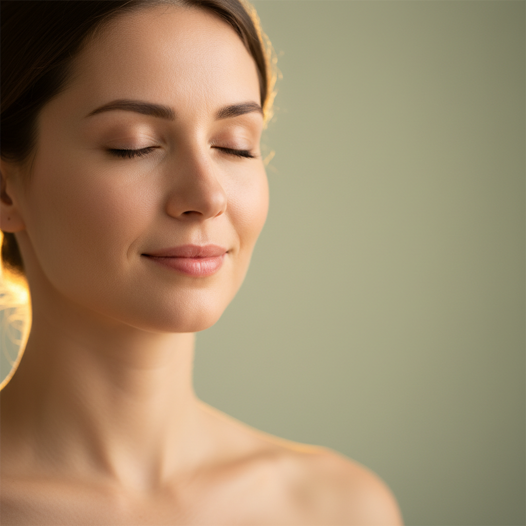 Serene woman meditating with eyes closed in soft warm light