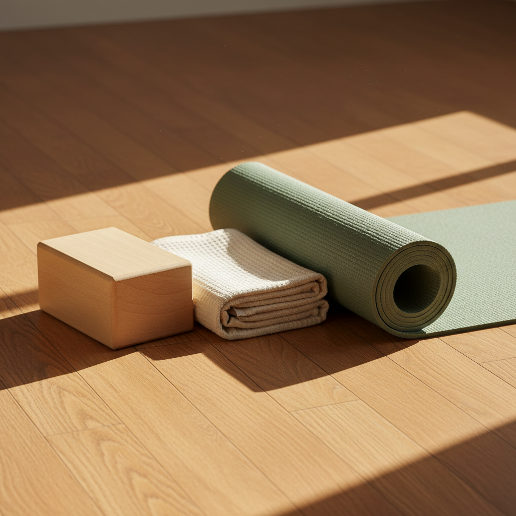Rolled sage green yoga mat and wooden block in warm morning light