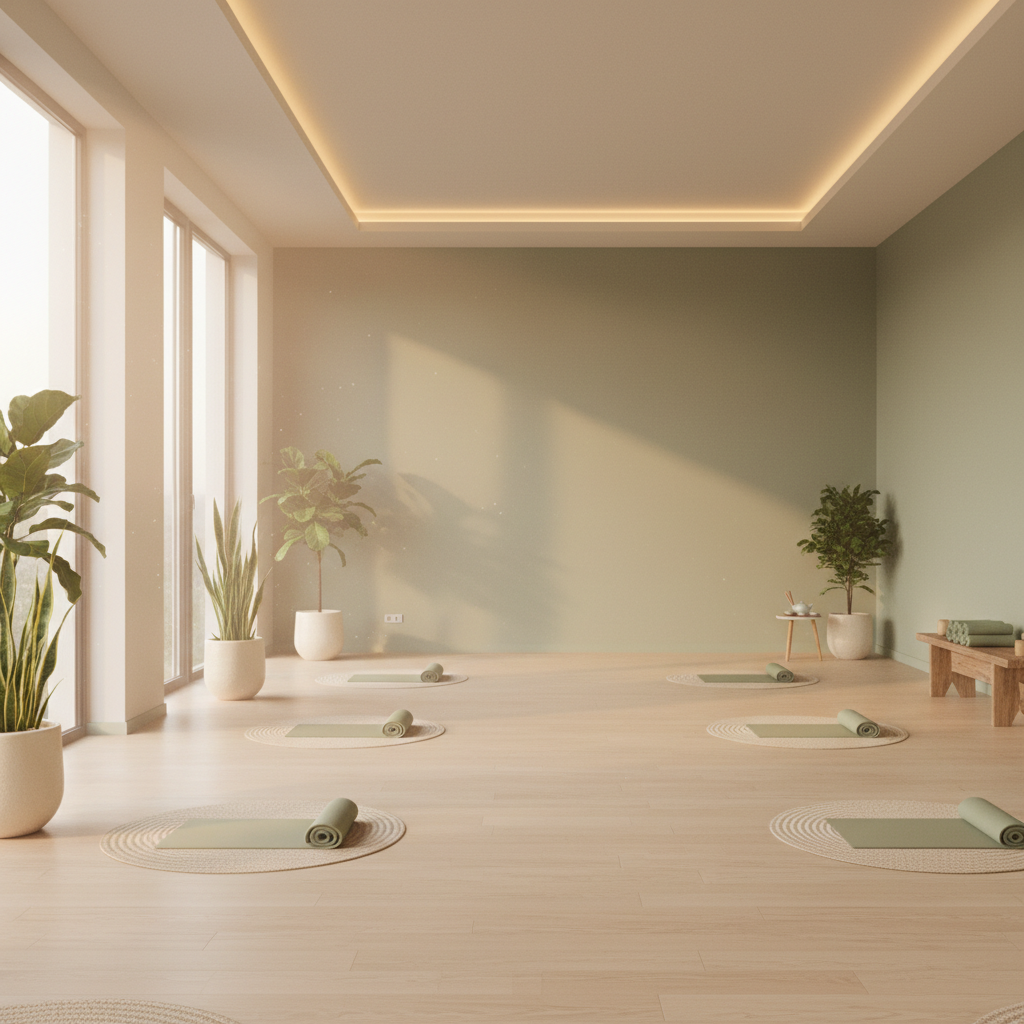 Minimalist sunlit yoga studio at sunrise with wooden floor